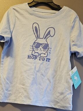 Celebrate It Light Blue Tee with Purple Bunny Graphic
